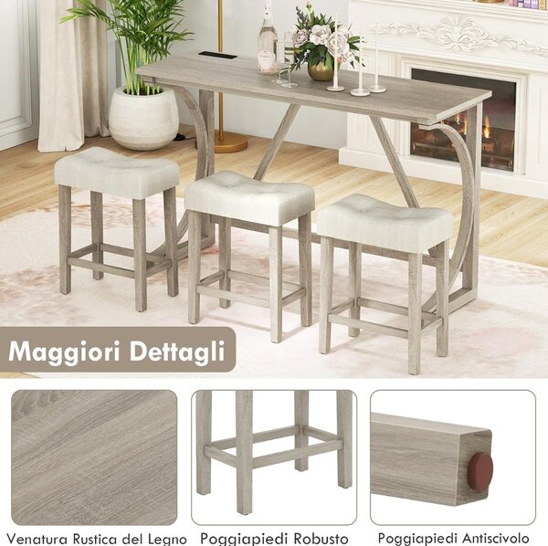 Costway Set tavolo da bar 4 pezzi con presa di corrente, Tavolo da bistro altezza bancone e sgabelli imbottiti a sella Grigio + Beige