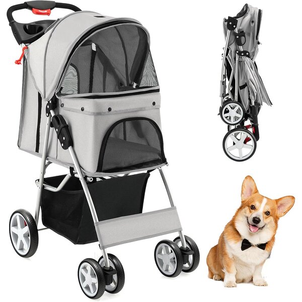 Costway Passeggino per animali domestici a 4 ruote, Trasportino portatile con cestino e finestra a rete Grigio