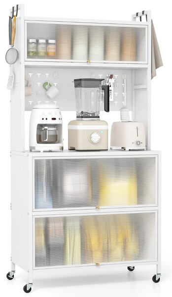 Costway Mobile da cucina rete a 5 ripiani supporto microonde ante a ribalta, Mobile da cucina pannello con ganci Bianco