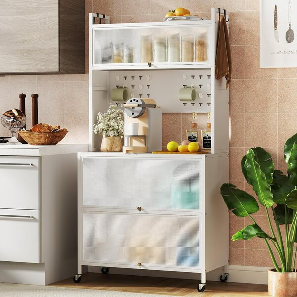 Costway Mobile da cucina rete a 5 ripiani supporto microonde ante a ribalta, Mobile da cucina pannello con ganci Bianco