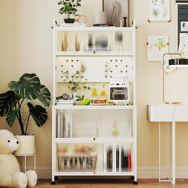 Costway Mobile da cucina rete a 5 ripiani supporto microonde ante a ribalta, Mobile da cucina pannello con ganci Bianco