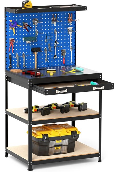 Costway Banco da lavoro con 2 pegboard e cassetto e mensole, Stazione di lavoro in metallo per casa e garage e officina Blu Navy
