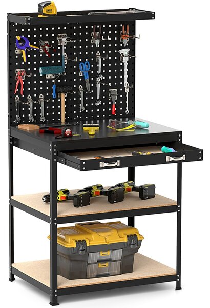 Costway Banco da lavoro con 2 pegboard e cassetto e mensole, Stazione di lavoro in metallo per casa e garage e officina Nero