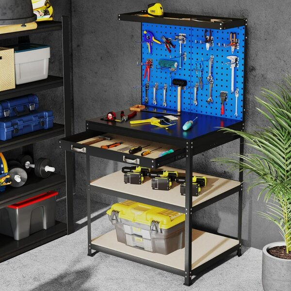 Costway Banco da lavoro con 2 pegboard e cassetto e mensole, Stazione di lavoro in metallo per casa e garage e officina Blu Navy