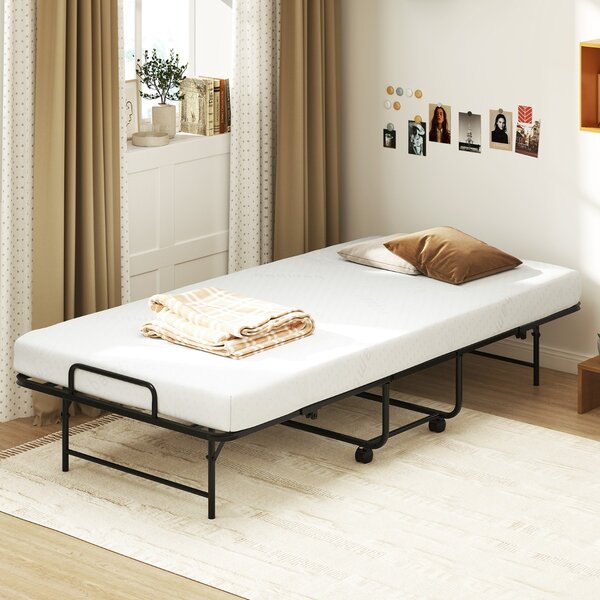 Costway Letto pieghevole con materasso di lusso in metallo resistente, Letto portatile per ospiti con telaio Nero