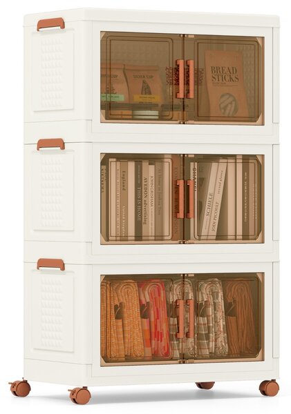 Costway Contenitori pieghevoli per organizzatore di armadio con coperchio da 156 l, Contenitori pieghevoli set da 3 scatole Bianco e Marrone