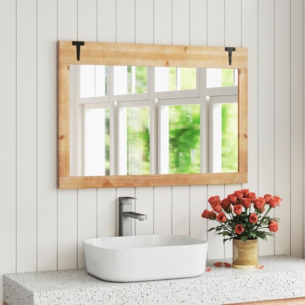 Costway Specchio da parete con cornice in legno, Specchio stile rustico 97 x 67 cm con cornice in legno di abete Naturale