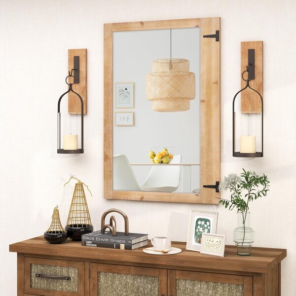 Costway Specchio da parete con cornice in legno, Specchio stile rustico 97 x 67 cm con cornice in legno di abete Naturale