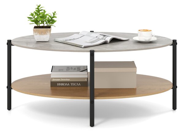 Costway Tavolino da caffè ovale a 2 livelli con piano in pietra in metallo e ripiano aperto, Tavolo d’appoggio per soggiorno o sala d’attesa Naturale+Nero+Grigio