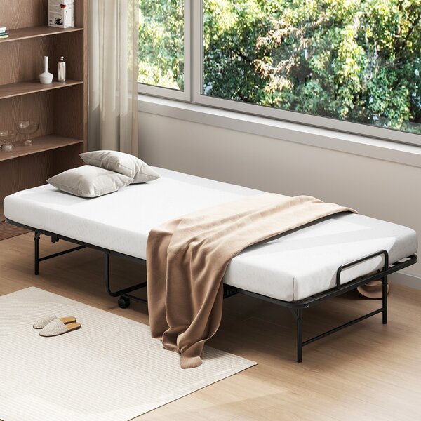 Costway Letto pieghevole con materasso di lusso in metallo resistente, Letto portatile per ospiti con telaio Nero