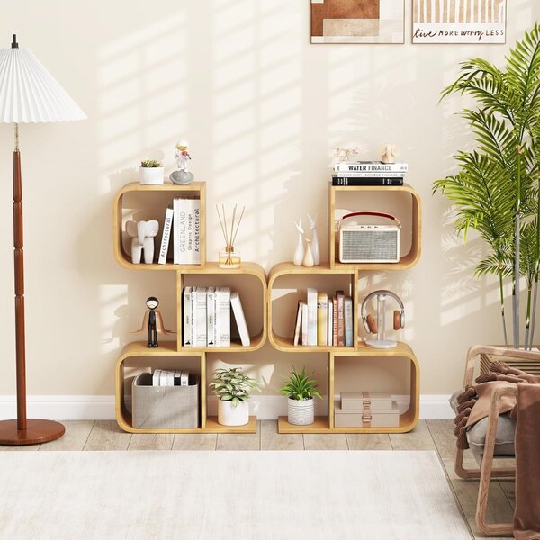 Costway Libreria a 3 livelli a forma di S mensola in bambù con 3 cubi aperti, Scaffale geometrico angolare per esposizione Naturale
