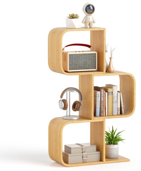 Costway Libreria a 3 livelli a forma di S mensola in bambù con 3 cubi aperti, Scaffale geometrico angolare per esposizione Naturale