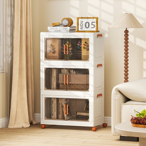 Costway Contenitori pieghevoli per organizzatore di armadio con coperchio da 156 l, Contenitori pieghevoli set da 3 scatole Bianco e Marrone