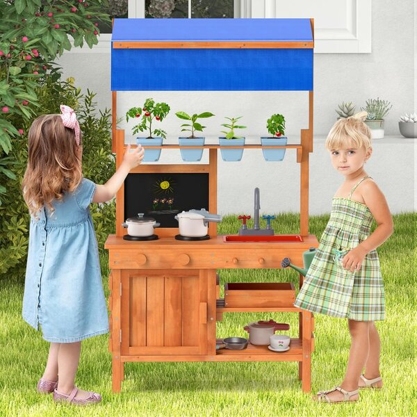 Costway Cucina da gioco in legno cucina da gioco con tetto regolabile, Lavagna tazze per piante fornelli Naturale 136x77x56,5 cm