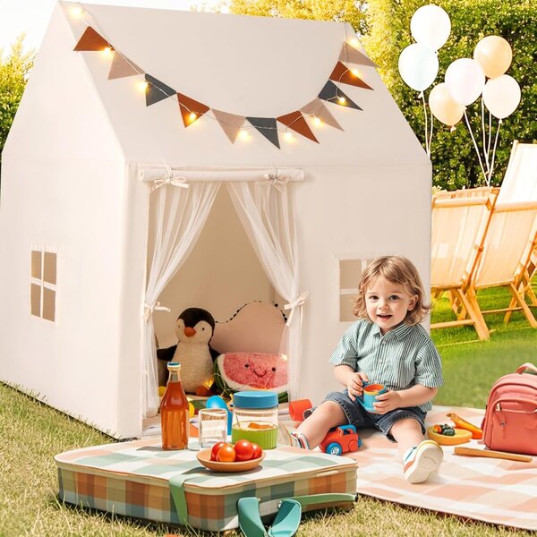 Costway Tenda da gioco per bambini per bambini 3-14 anni, Tenda per bambini da interno ed esterno con materassino antiscivolo Beige