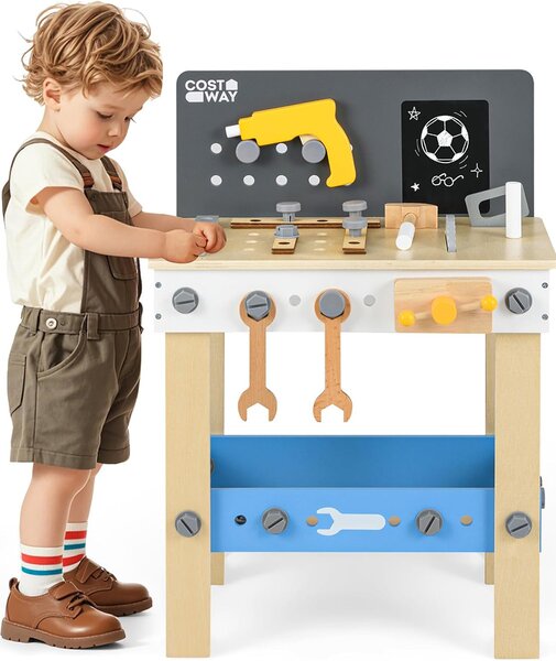 Costway Banco da lavoro per bambini in legno con pannello forato, Set montessori con lavagna e mensola per bambini 3 + anni