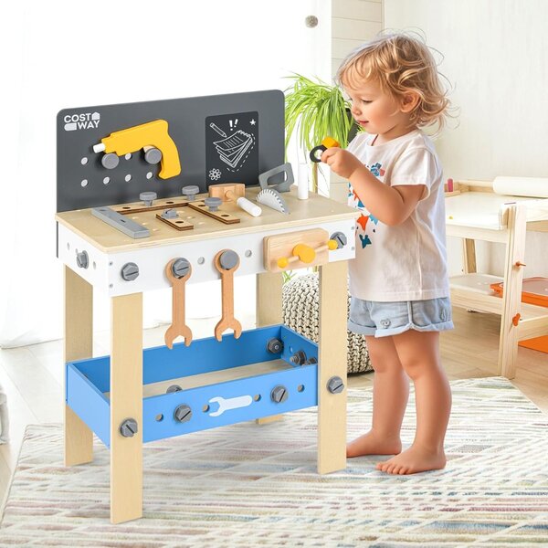 Costway Banco da lavoro per bambini in legno con pannello forato, Set montessori con lavagna e mensola per bambini 3 + anni