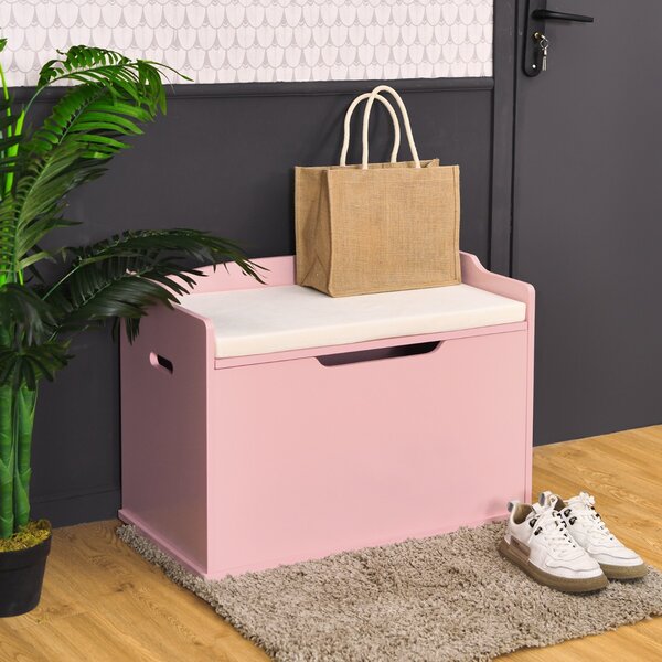 Costway Cassa per giocattoli con 2 cerniere di sicurezza, Cassa con coperchio sollevabile Rosa