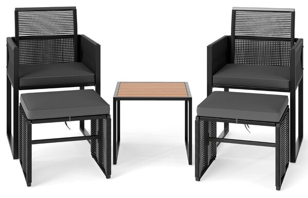 Costway Set da giardino in rattan PE da 5 pezzi con pouf, Poltrone lounge da giardino salvaspazio Nero