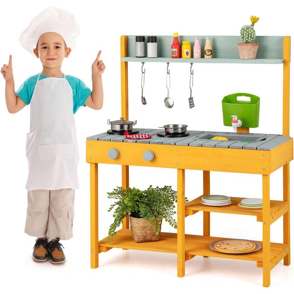 Costway Cucina per bambini da esterno con serbatoio d'acqua, Cucina giocattolo con rubinetto realistico e accessori per giardino