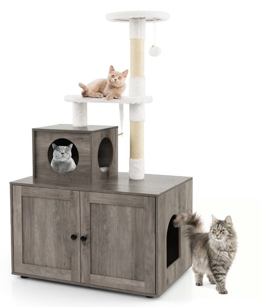 Costway Casa per lettiera per gatti in legno con torre pallina tintinnante divisorio, Mobile per gatti da interno Grigio