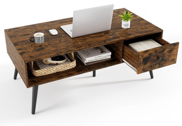 Costway Tavolino moderno mid-century con 1 cassetto e mensola, Tavolino da caffè per salone e reception Marrone rustico