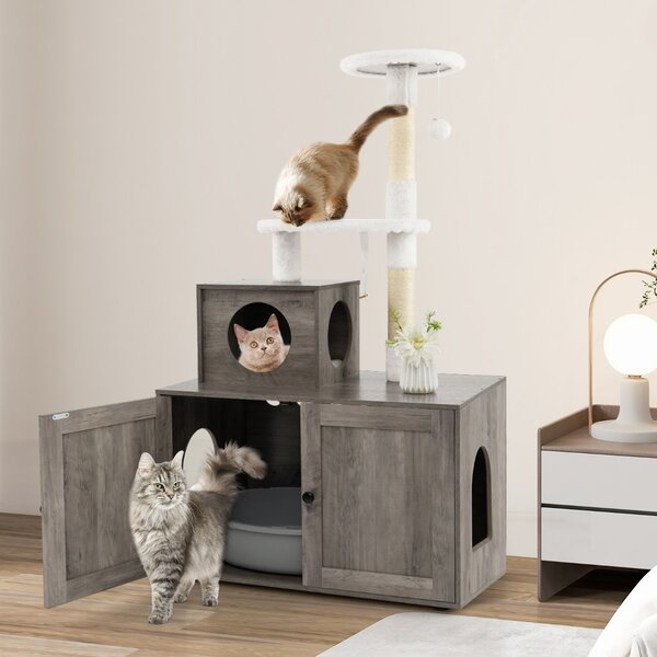 Costway Casa per lettiera per gatti in legno con torre pallina tintinnante divisorio, Mobile per gatti da interno Grigio
