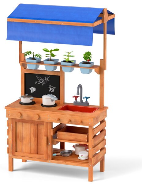 Costway Cucina da gioco in legno cucina da gioco con tetto regolabile, Lavagna tazze per piante fornelli Naturale 136x77x56,5 cm