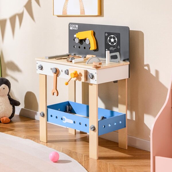 Costway Banco da lavoro per bambini in legno con pannello forato, Set montessori con lavagna e mensola per bambini 3 + anni