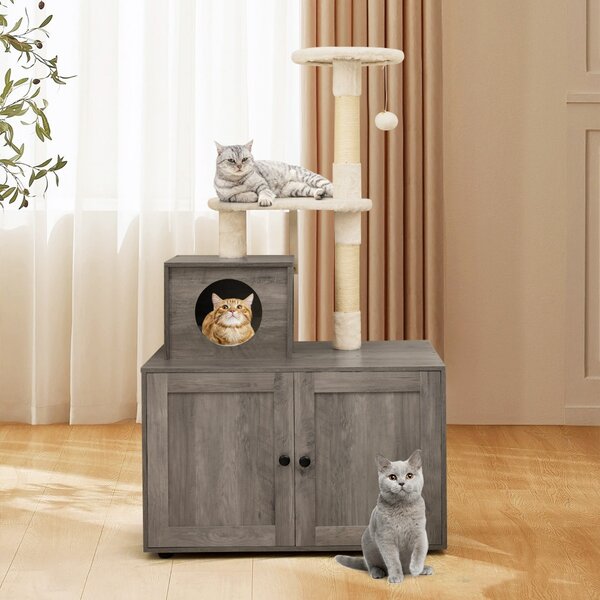 Costway Casa per lettiera per gatti in legno con torre pallina tintinnante divisorio, Mobile per gatti da interno Grigio