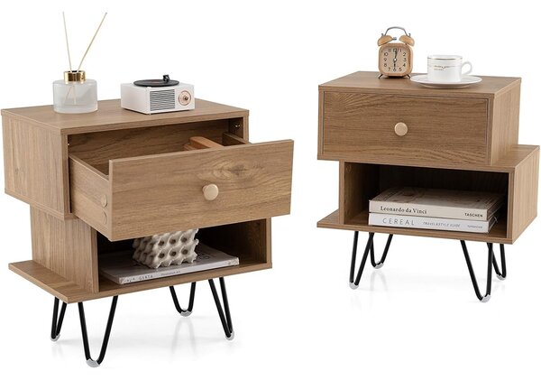 Costway Set di comodini a 2 pezzi con cassetto rimovibile, Tavolini laterali con scomparto aperto e gambe in metallo Naturale