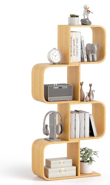 Costway Libreria a 4 livelli a forma di S mensola in bambù con 4 cubi aperti, Libreria per esposizione per riporre Naturale