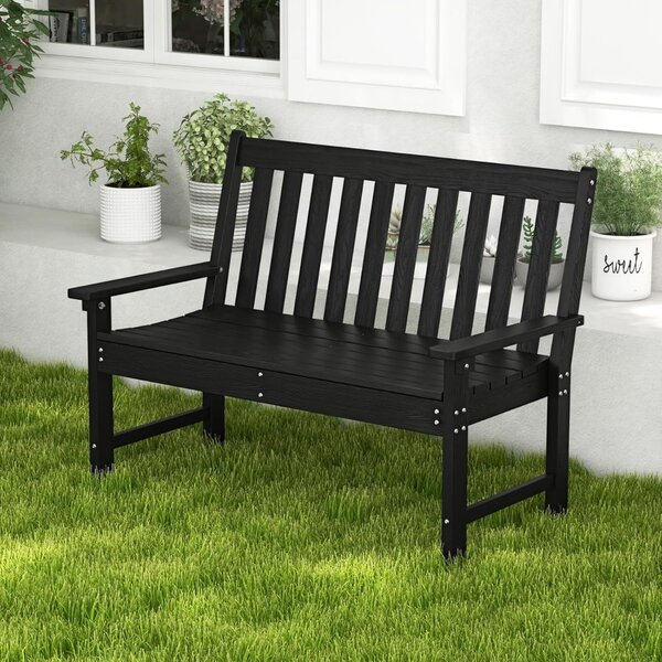 Costway Panchina per 2 persone da esterno con schienale e braccioli, Panchina da giardino in HDPE resistente Nero