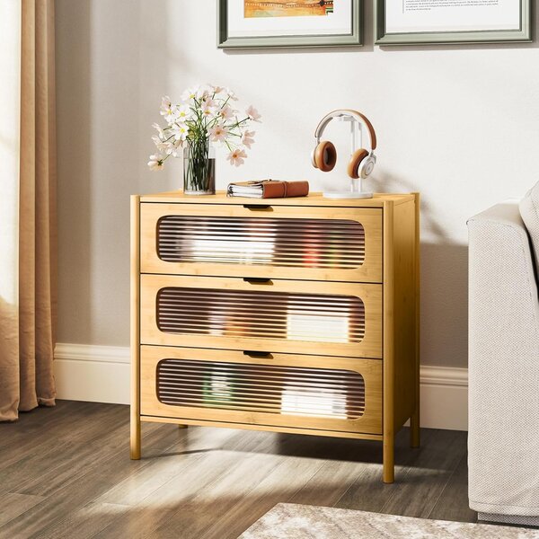Costway Cassettiera a 3 cassetti con maniglie in stile metà secolo, Cassettiera con vetro temperato pannellato Naturale