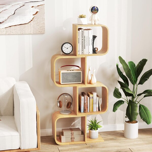 Costway Libreria a 4 livelli a forma di S mensola in bambù con 4 cubi aperti, Libreria per esposizione per riporre Naturale