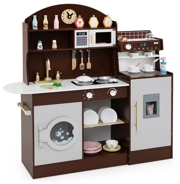Costway Set cucina per bambini con spazio di conservazione, Cucina in legno per gioco di cucina con accessori Marrone