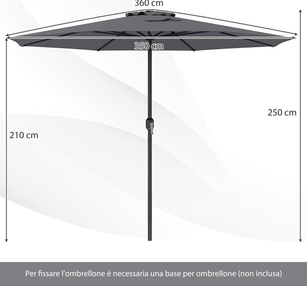 Costway Ombrellone da mercato con manovella da tavolo con parte superiore ventilata, Ombrellone da patio 350 cm Grigio