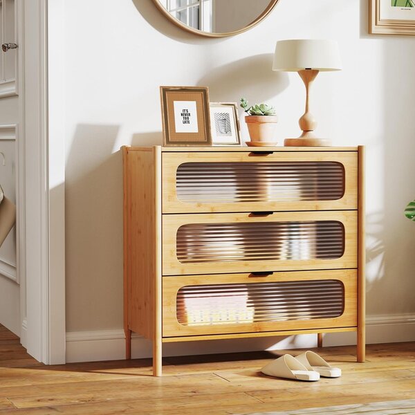 Costway Cassettiera a 3 cassetti con maniglie in stile metà secolo, Cassettiera con vetro temperato pannellato Naturale