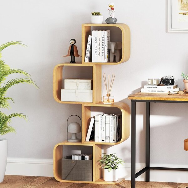 Costway Libreria a 4 livelli a forma di S mensola in bambù con 4 cubi aperti, Libreria per esposizione per riporre Naturale