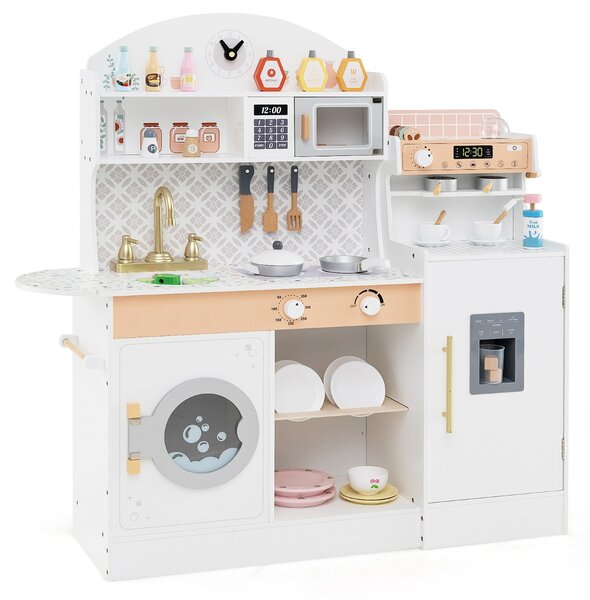 Costway Set cucina per bambini con spazio di conservazione, Cucina in legno per gioco di cucina con accessori Bianco