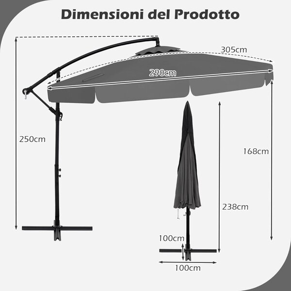 Costway Ombrellone a braccio con inclinazione regolabile da giardino resistente, Ombrellone per piscina e terrazza Grigio