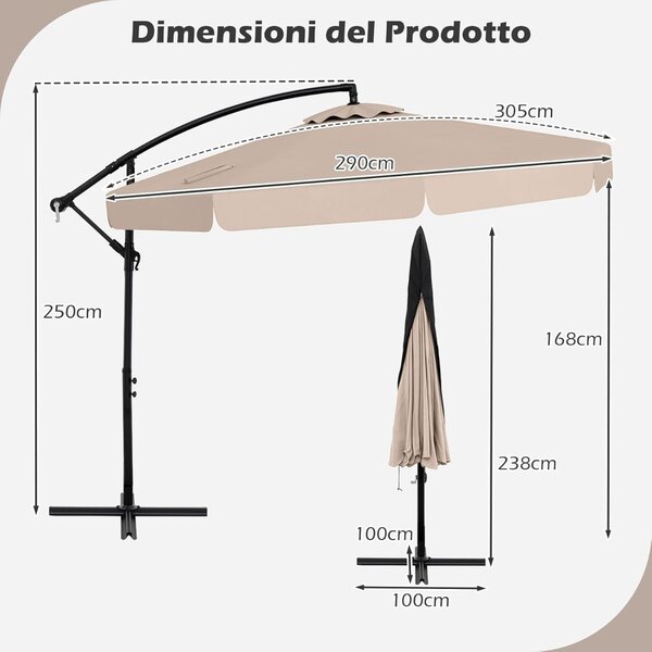 Costway Ombrellone a braccio con inclinazione regolabile da giardino resistente, Ombrellone per piscina e terrazza Beige