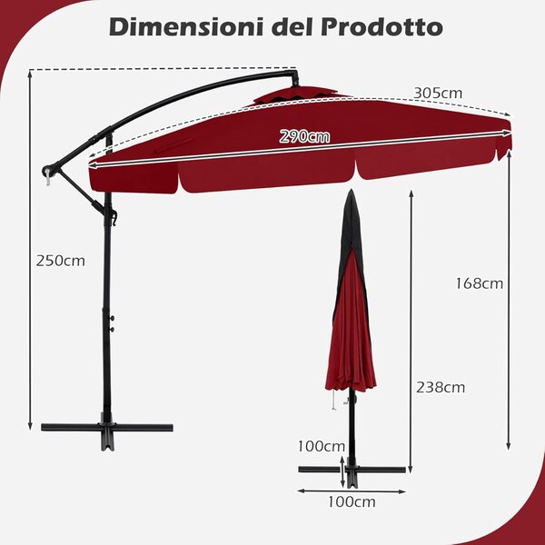 Costway Ombrellone a braccio con inclinazione regolabile da giardino resistente, Ombrellone per piscina e terrazza Rosso