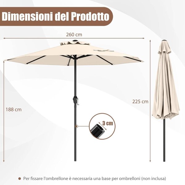 Costway Ombrellone da mercato con manovella da tavolo per giardino, Ombrellone da patio da 250 cm Beige