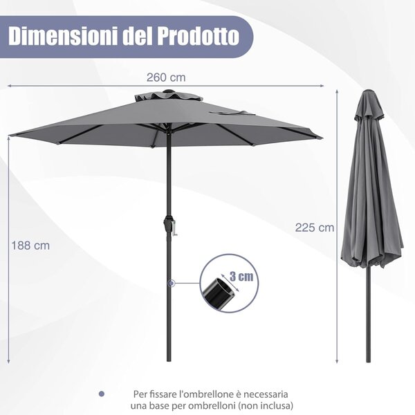 Costway Ombrellone da mercato con manovella da tavolo per giardino, Ombrellone da patio da 250 cm Grigio