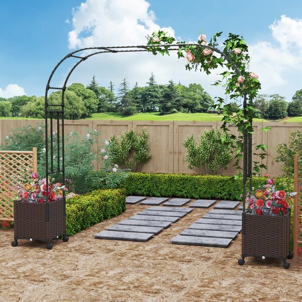 Costway Arco da giardino 288 cm con 2 fioriere, Arco decorativo per piante rampicanti con sistema di autoirrigazione Nero + Marrone
