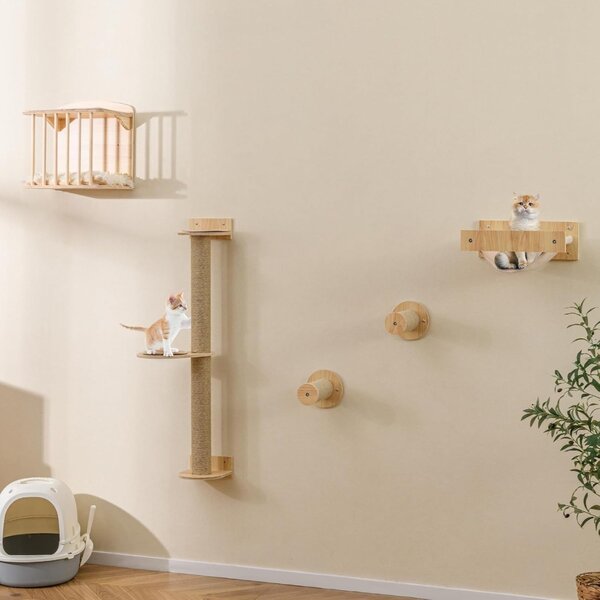 Costway Mensole per gatti da arrampicata per gatti a muro 4 in 1, Mensole per gatti on albero per gatti a 3 piani Naturale
