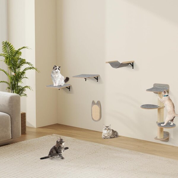 Costway Set di torre per gatti a muro salvaspazio e centro attività per gatti e gattini, Mobili per gatti con 4 livelli Grigio