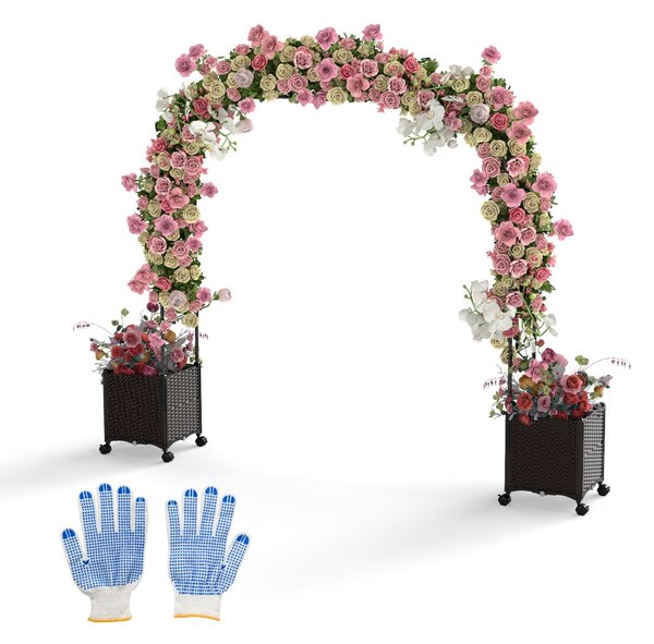 Costway Arco da giardino 288 cm con 2 fioriere, Arco decorativo per piante rampicanti con sistema di autoirrigazione Nero + Marrone