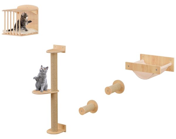 Costway Mensole per gatti da arrampicata per gatti a muro 4 in 1, Mensole per gatti on albero per gatti a 3 piani Naturale